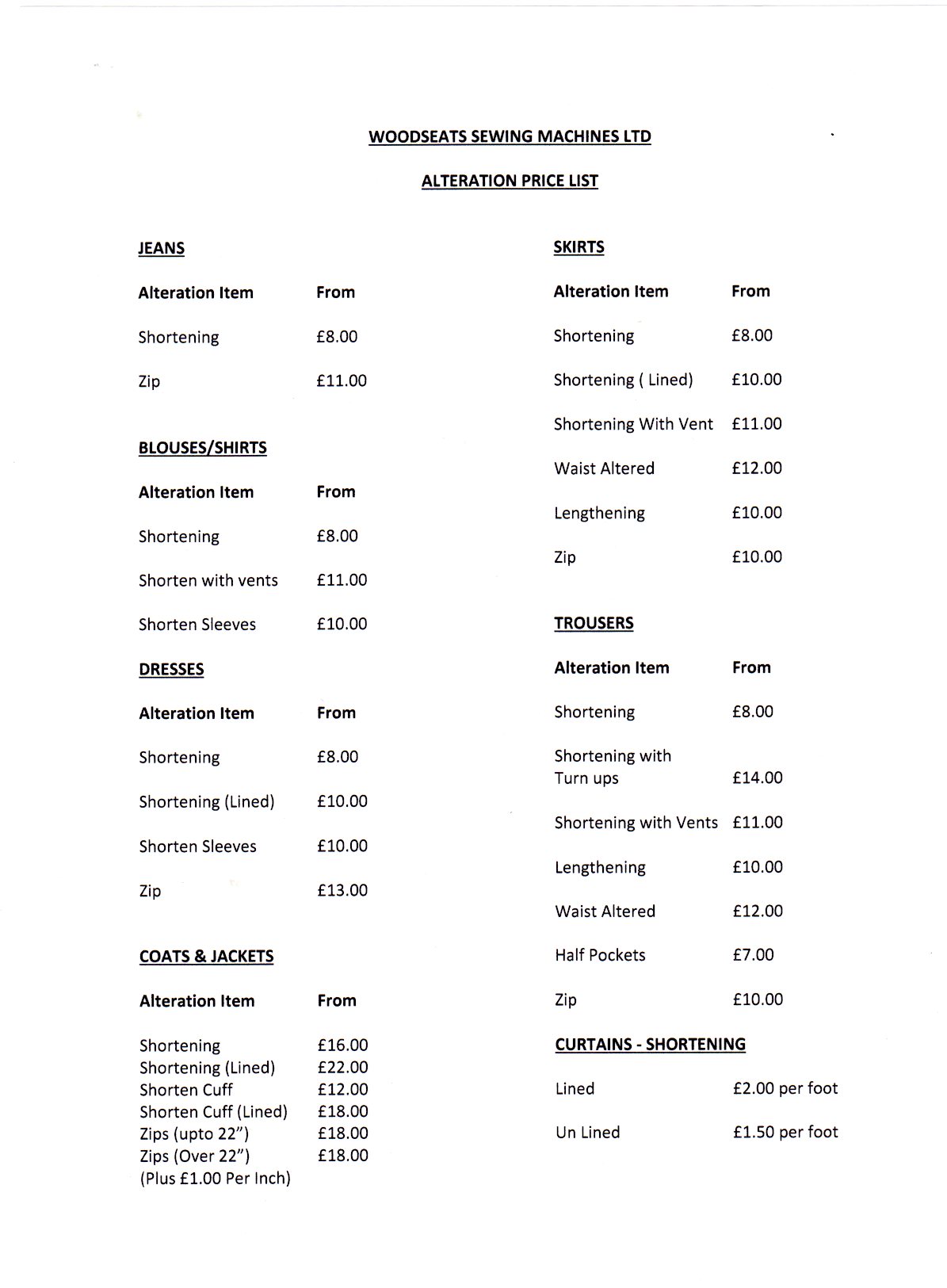 Sewing And Alterations Price List